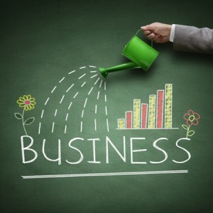 45840469 - watering can and word business drawn on a blackboard concept for business growth, investment, savings and making money