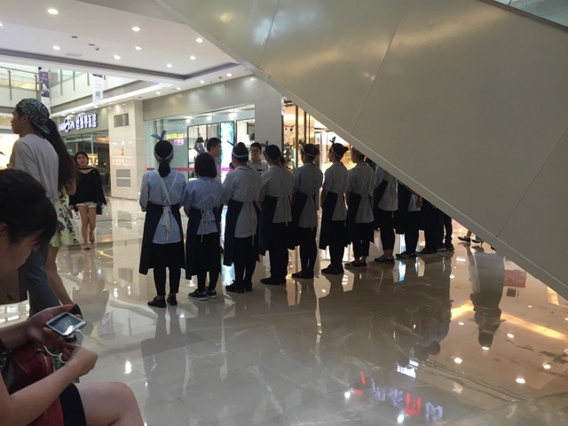In a mall in Ningbo, the manager of a retail store had his employees stand at attention while he either trained them or dressed them down, in front of everyone. I felt bad for them and was tempted to walk behind him and put rabbit ears behind his head.